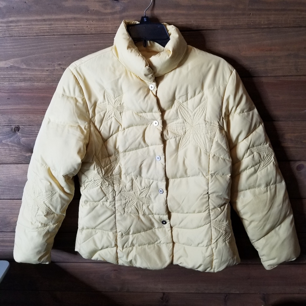 Vero Puimino Real Feather Embroidered Reversible Pale Yellow Puffer Jacket Sz S